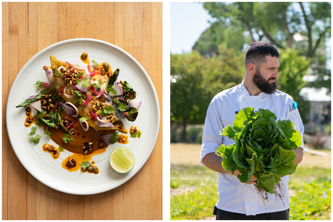 first photo of plated vegetarian dish and second photo of chef chris bethoney harvesting cabbage