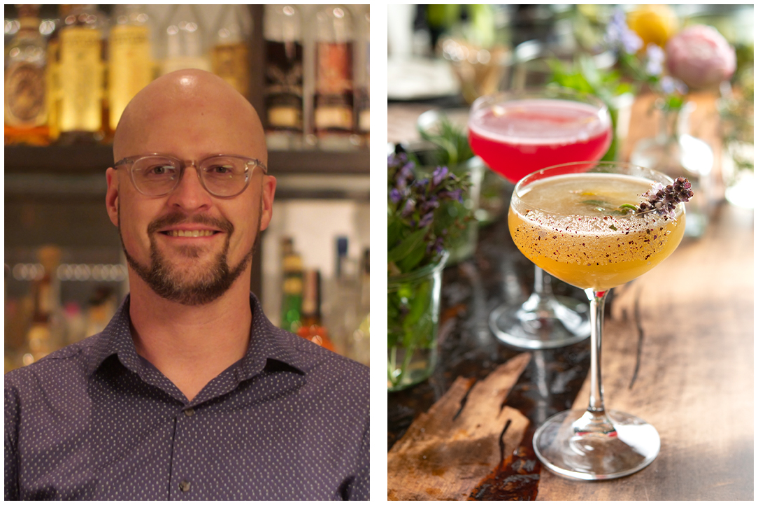 first photo portrait of joseph simonson and second photo of two cocktails