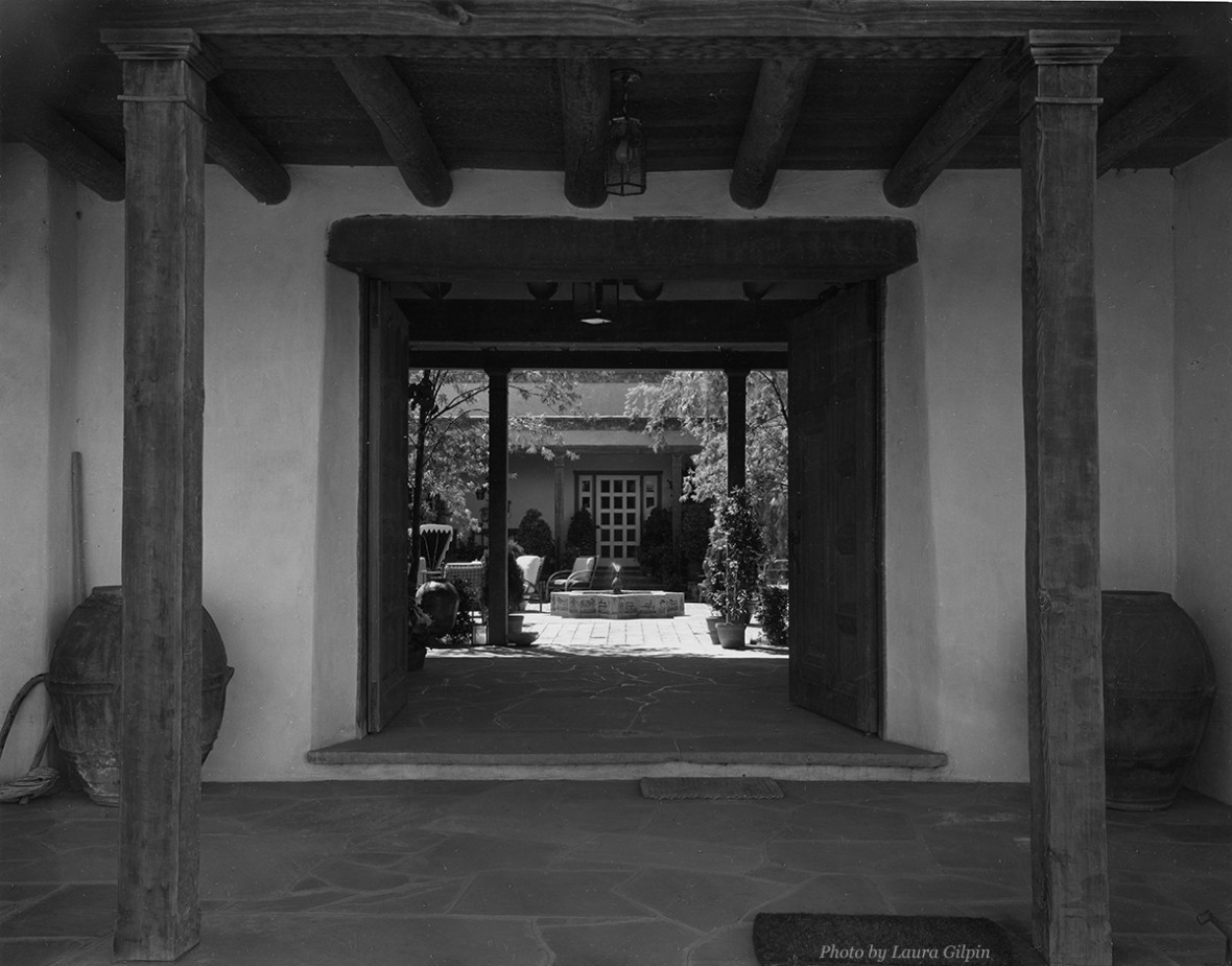 black and white photo of hacienda entrance