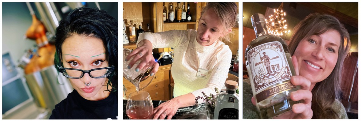 left, jaime with copper still in background, middle, Melanie pouring a drink at the library bar, right, Amy holding the gin bottle with the label she designed