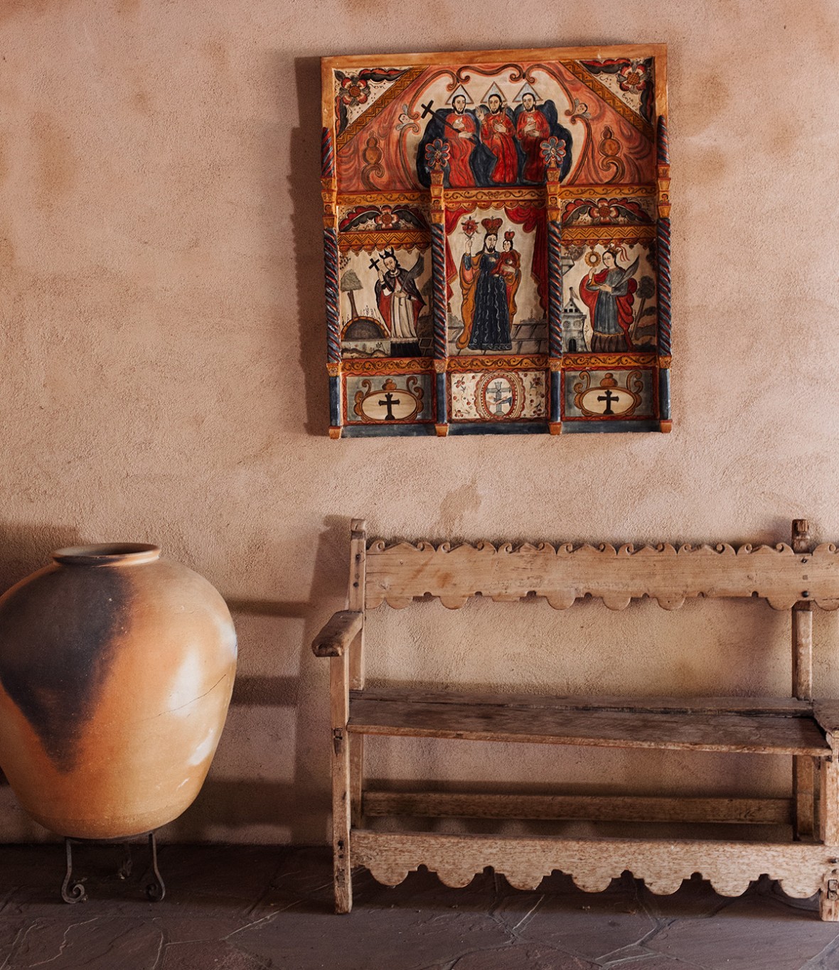 courtyard bench adobe wall