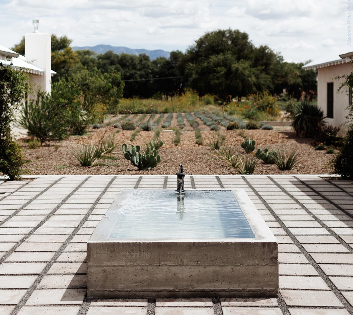 fountain in courtyard of field rooms