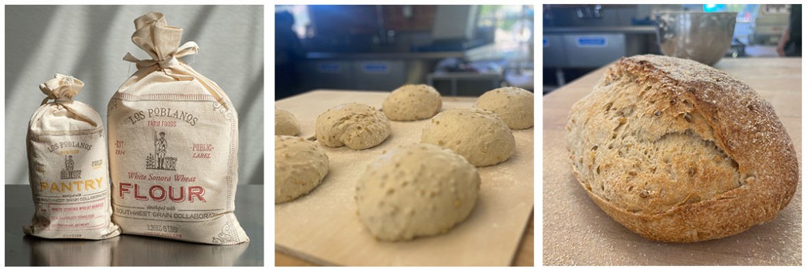 Left photo: bags of flour and wheat berries. Middle photo: shape balls of dough proofing. Right photo: baked loaf of bread.