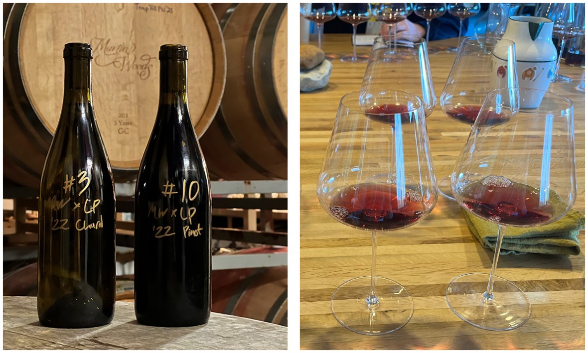 Left: Campo Cuvee wine bottles on a wine barrel, Right: 3 wine glasses with red wine for tasting