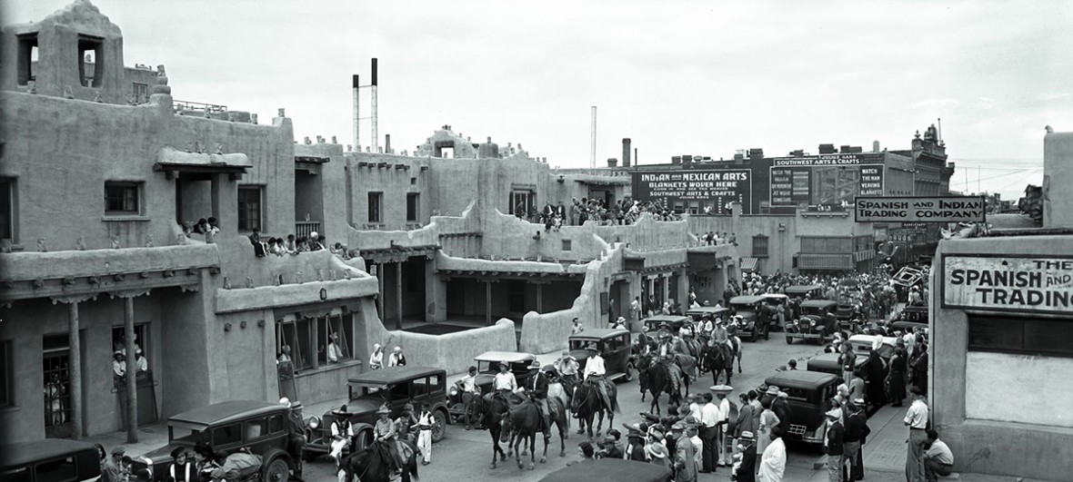 black and white historical photo of la Fonda on the plaza