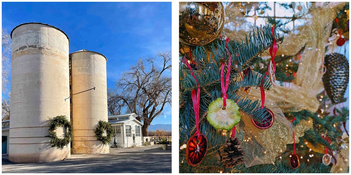 farm silos with wreaths on them and close up of tree decorations