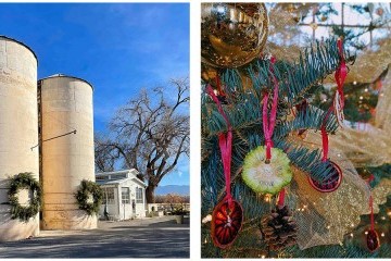 farm silos with wreaths on them and close up of tree decorations