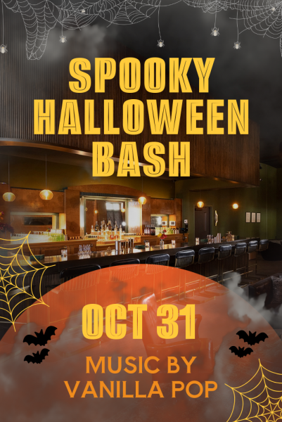 halloween themed image with the text, halloween bash, oct 31, music by vanilla pop