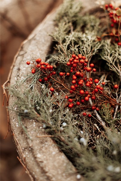 Close up of holiday wreath pine and berries